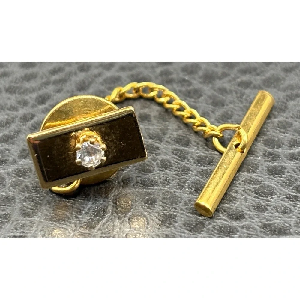 Vintage Men's Tie Tack Rectangle Bar Clear Cubic Zirconia Lapel Pin Gold Tone